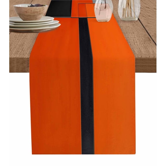 Burnt Orange Black Grey Burlap Cotton Table Runner 13x90 Inches Long, Color Block Geometric Modern Farmhouse Table Runners, Outdoor Dining Tablecloths Decor for Baby Shower/Party/Wedding