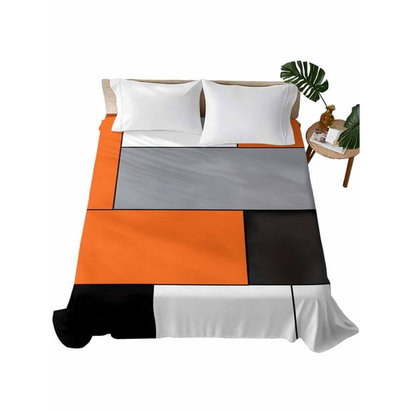 Burnt Orange Black Grey Flat Sheet Only Twin Size, Soft Breathable Bed Top Sheets for Mattress, Modern Irregular Geometric Abstract Luxury Bedding Flat Sheets for Home Hotel Bedroom Bed Protection