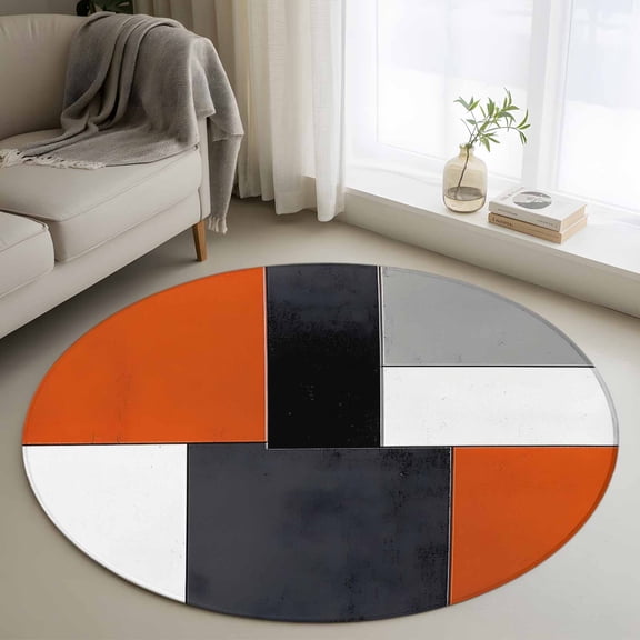 Burnt Orange Black Grey Round Rug 3ft Washable Circle Entryway Rugs Non Slip Geometric Modernism Color Block Area Rug Indoor Floor Carpet for Bedroom Kitchen Living Room Home Office Dining Room