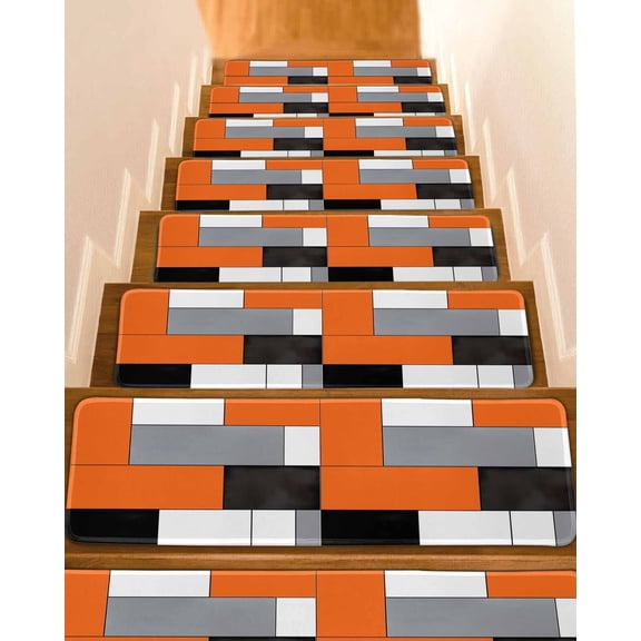 Burnt Orange Black Grey Stair Treads for Wooden Steps Indoor Runner Rug Carpet,Modern Irregular Geometric Abstract 4 Pieces Peel and Stick Staircase Step Treads Covers Washable Throw Door Mats,30"x8"