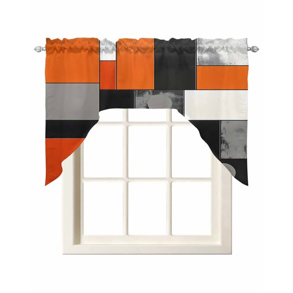 Burnt Orange Black Grey Swag Valances for Windows, Small Curtains Drapes, Vintage Contemporary Geometric Kitchen Window Curtains Over Sink Window Treatment Valance for Bedroom/Bathroom 56"x36"