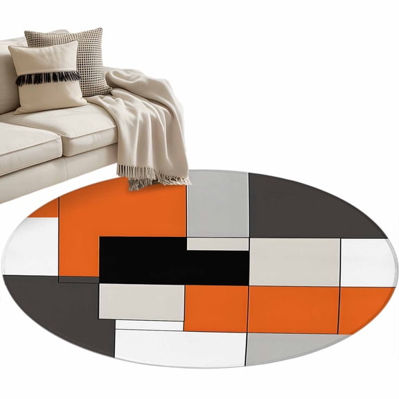 Burnt Orange Black Large Area Rugs for Bedroom Living Room, Soft Non Slip Carpet Bedside Rug, Modern Abstract Geometric Round Floor Cover Kitchen Accent Rug 4' for Dining Room/Office