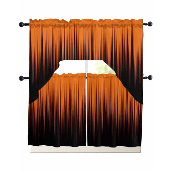 Burnt Orange Black Ombre Swag Kitchen Curtains Sets for Windows 24 Inch Length, Modern Abstract Striped Gradient Short Window Curtain Panels Swags Valances and Tiers 3 Piece Set for Cafe/Dining Room