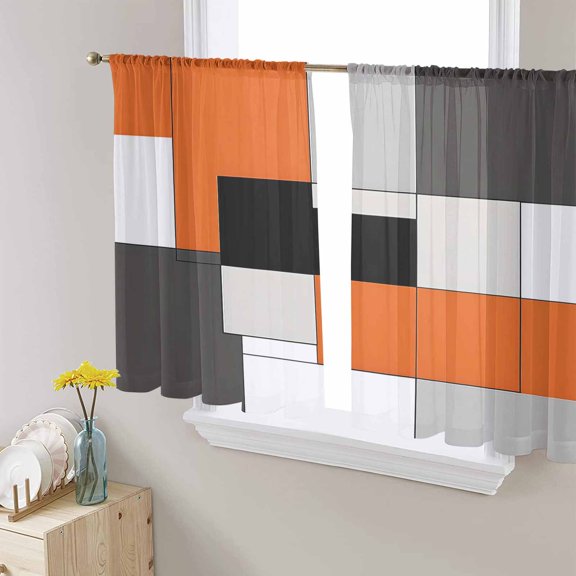 Burnt Orange Black Sheer Curtains 54 Inches Length 2 Panels Set, Window Sheer Curtains for Living Room/Bedroom, Modern Abstract Geometric Light Filtering Rod Pocket Curtain 52'' x 54'' x 2