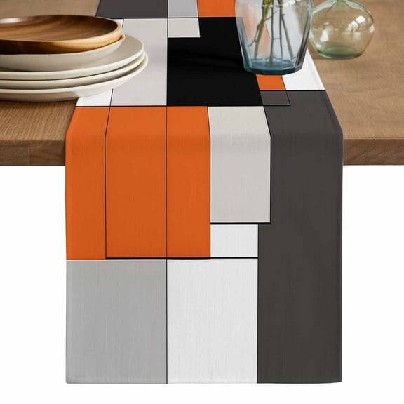 Burnt Orange Black Table Runner, Modern Abstract Geometric Washable Cotton Linen Table Runners 36 Inches Long, Dresser Scarf Runner for Nightstand/End Tables/Round Tables 13''x36''