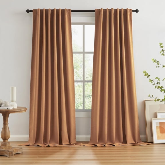 Burnt Orange Blackout Linen Curtains Linen 2 Panels Set 102 Inch Length for Living Room Hook Belt Back Tab Track System Ceiling Curtains Boho Muted Ochre Orange Curtains for Bedroom W50 x L102