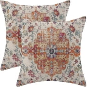 Burnt Orange Blue Boho Pillow Covers 18x18 Set of 2, Ethnic Design Decorative Throw Pillows Linen Carpet Pattern Farmhouse Cushion Pillow Covers for Sofa Couch 