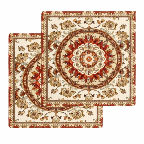 Burnt Orange Boho Dish Towels Set, Waffle Weave Kitchen Towels 2 Pieces, Beige Brown Ethnic Tribe Microfiber Hair Face Bath Tea Towel Absorbent Quick Drying Cleaning Dish Cloths, 12"x12"
