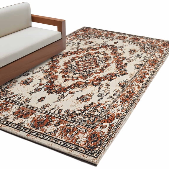 Burnt Orange Boho Large Area Rugs for Bedroom Living Room, Non Slip Carpet Bedside Rug, Modern Ethnic Geometric Southwestern Rectangular Floor Cover Kitchen Accent Rug 3'x5' for Dining Room/Office