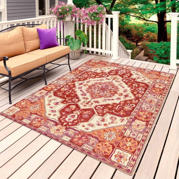 Burnt Orange Boho Outdoor Rug 6x9 Ft, Non Slip Washable Area Rug, Ethnic Geometric Southwest Patio Rugs Carpet Runner, Large Floor Mat for Indoor/Outdoor Deck Porch Camping