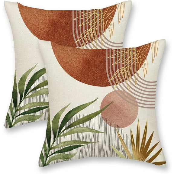 Burnt Orange Boho Pillow Covers 18x18 Inch 2 Pcs Mid Century Modern Abstract Summer Outdoor Decor Throw Pillows Tropical Leaf Farmhouse Decoration Pillowcase Linen Cushion Cover for Couch Sofa