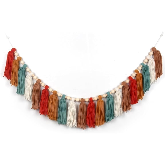 Burnt Orange Boho Yarn Tassel Garland with Wood Beads Earth Tone Wall Hanging Tassels Bunting Banner Nursery Decor for Classroom Baby Shower Birthday Kids Room Dorm Bedroom Decorations