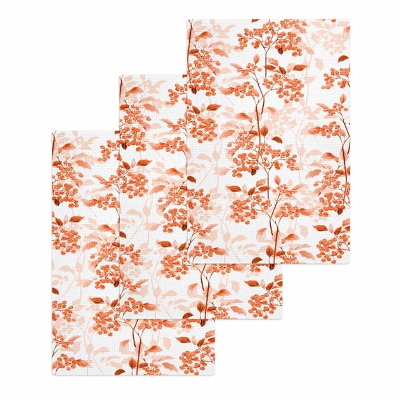 Burnt Orange Botanical Hand Towels Set, Waffle Weave Kitchen Towels 3 Pieces, Vintage Nature Flower Microfiber Hair Face Bath Tea Towel Absorbent Quick Drying Cleaning Dish Cloths, 15.7"x23.6"