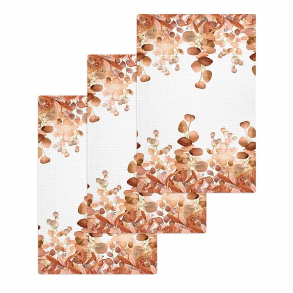 Burnt Orange Botanical Hand Towels Set,Waffle Weave Kitchen Towels 3PCS,Eucalyptus Leaves Pastoral Floral Microfiber Hair Face Bath Tea Towel Absorbent Quick Drying Cleaning Dish Cloths,15.7"x23.6"