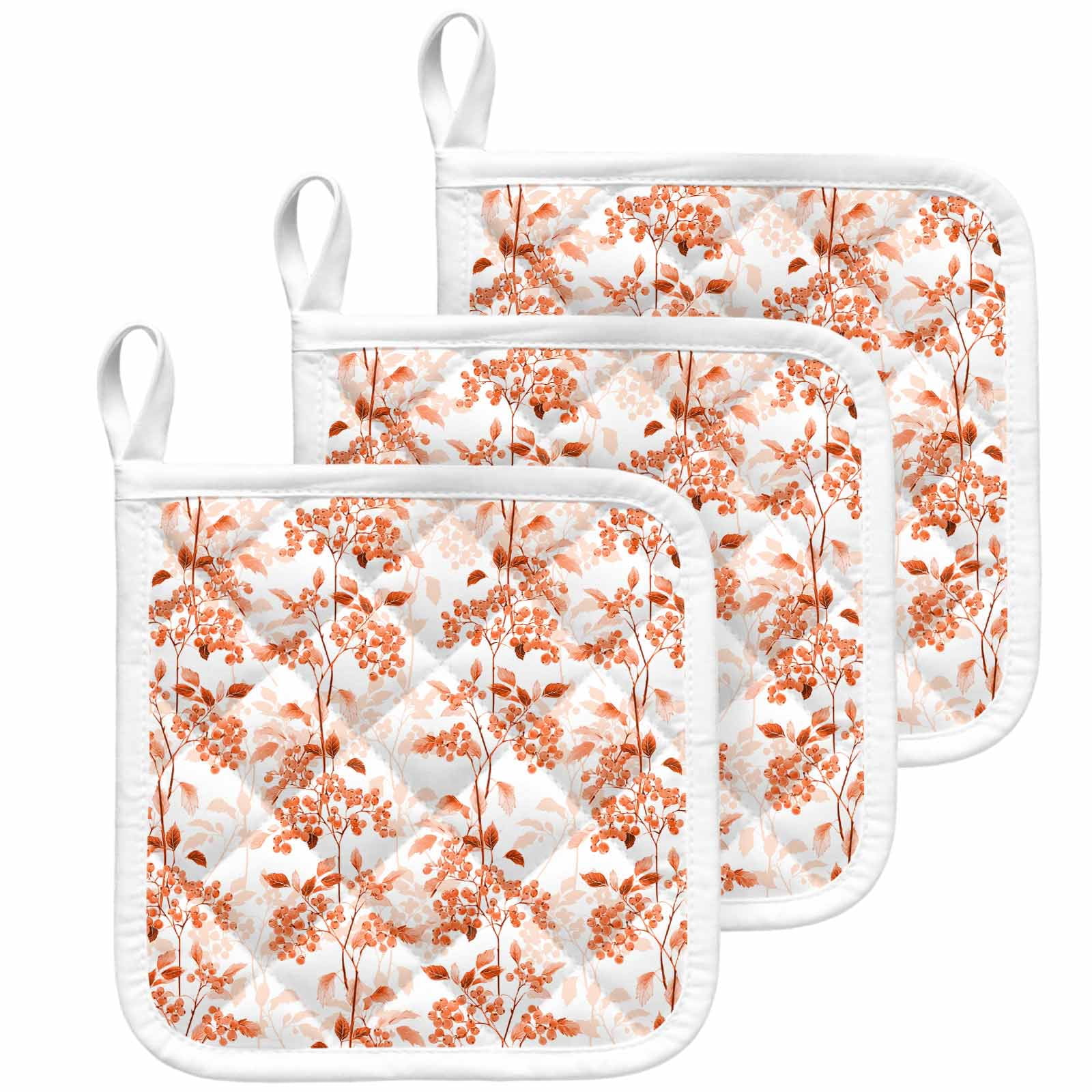 Burnt Orange Botanical Pot Holders for Kitchen Heatproof Potholder, 3 Pack Vintage Nature Flower Hot Pads Multipurpose Oven Pads Cloth Potholders Trivet for Cooking Baking