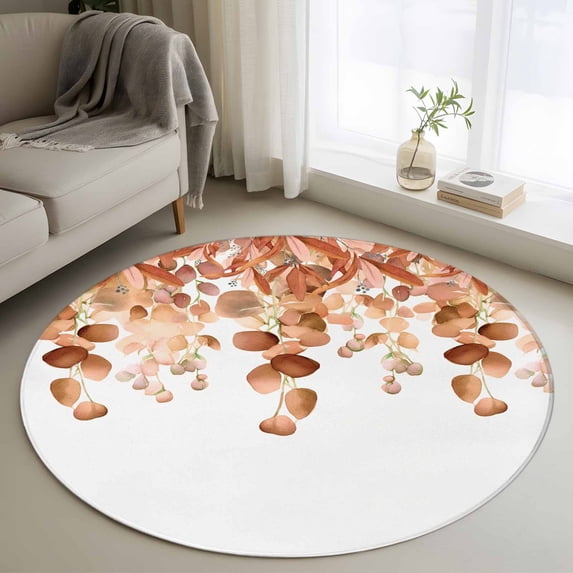 Burnt Orange Botanical Round Area Rug 4 FT, Non Slip Indoor Outdoor Rug, Eucalyptus Leaves Pastoral Floral Washable Soft Circular Carpet Non-Shedding Floor Mat for Coffee Table Nursery Foyer Balcony