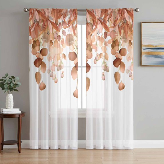 Burnt Orange Botanical Semi Sheer Curtains 63 Inch Length 2 Panels Set, Eucalyptus Leaves Pastoral Floral Sheer Kitchen Curtain Privacy Voile Window Curtain for Living Room Bedroom Rod Pocket Drapes