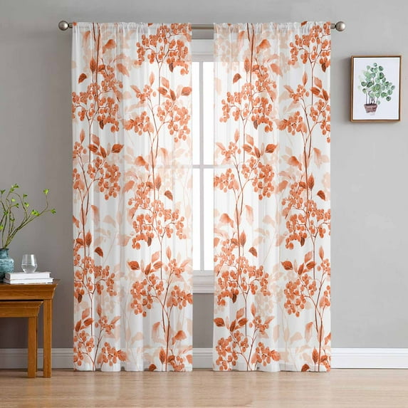Burnt Orange Botanical Semi Sheer Curtains 72 Inch Length 2 Panels Set, Vintage Nature Flower Sheer Kitchen Curtain Privacy Voile Window Curtain for Living Room Bedroom Rod Pocket Drapes