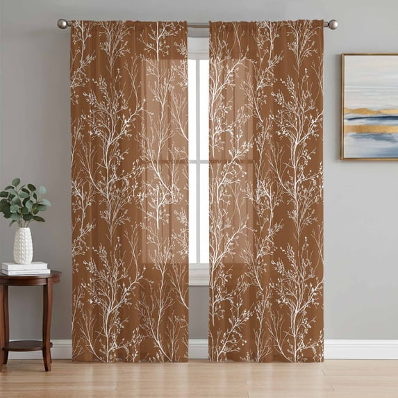 Burnt Orange Botanical Semi Sheer Curtains 96 Inch Length 2 Panels Set, Vintage Floral Plants Branch Sheer Kitchen Curtain Privacy Voile Window Curtain for Living Room Bedroom Rod Pocket Drapes