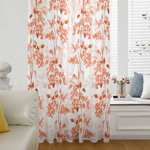 Burnt Orange Botanical Sheer Curtains 72 Inch Length, Light Filtering Voile Curtain Panel, Vintage Nature Flower Rod Pocket Drapes Window Treatments for Living Room Bedroom 52"x72"