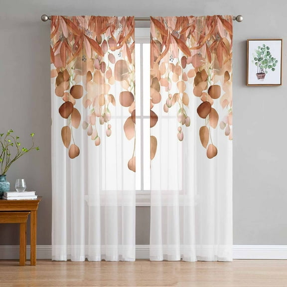 Burnt Orange Botanical Sheer Curtains 72 Inches Long 2 Panels Set, Window Sheer Curtains for Living Room/Bedroom, Eucalyptus Leaves Pastoral Floral Light Filtering Rod Pocket Curtain 52'' x 72'' x 2