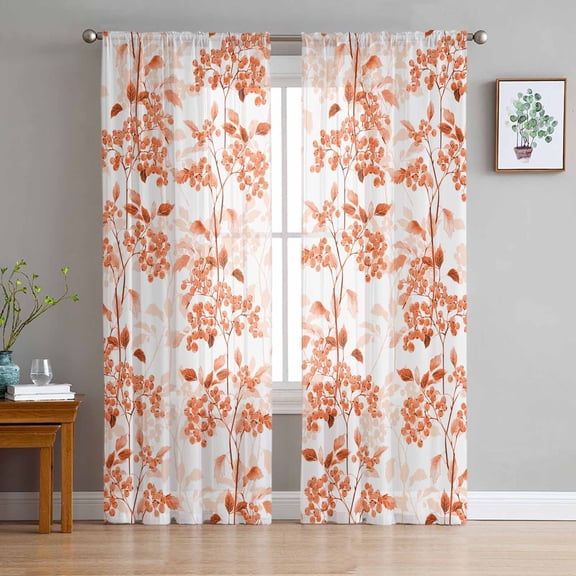 Burnt Orange Botanical Sheer Curtains 72 Inches Long 2 Panels Set, Window Sheer Curtains for Living Room/Bedroom, Vintage Nature Flower Light Filtering Rod Pocket Curtain 52'' x 72'' x 2