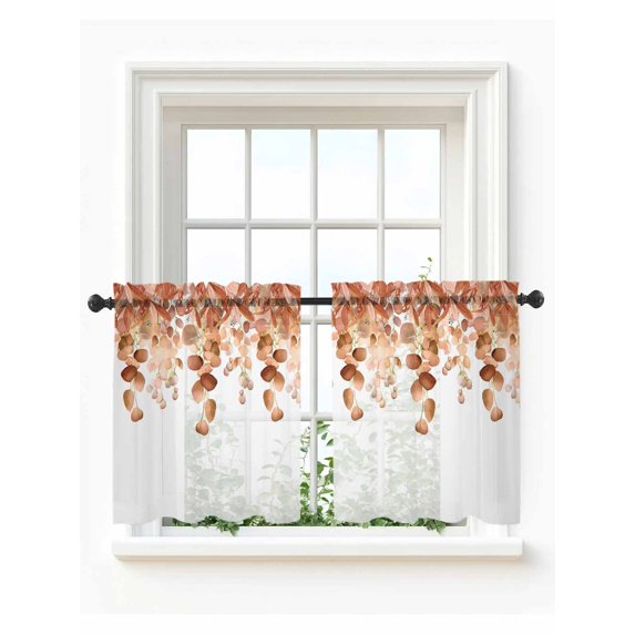 Burnt Orange Botanical Tier Curtains 24 Inch Length,Sheer Curtains for Bedroom Living Room Window Eucalyptus Leaves Pastoral Floral Small Half Window Kitchen Curtains & Drapes 27.5"x24" 2 Panels