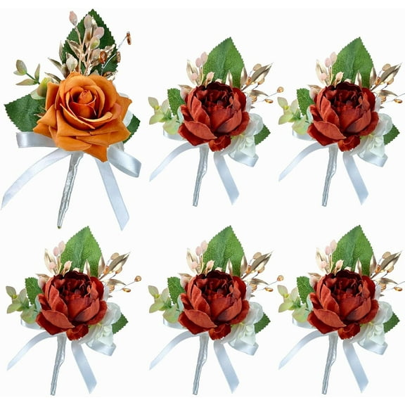 Burnt Orange Boutonniere for Men Wedding Set of 6,Groom and Best Man Boutonniere Aificial Flowers,Fall Vintage Wedding Decor for Wedding, Parties, Proms