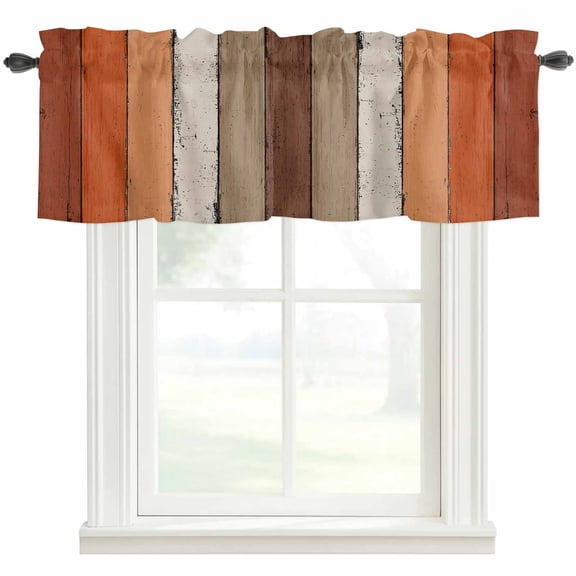 Burnt Orange Brown Curtain Valances for Windows, Kitchen Valance Window Treatment, Farmhouse Vintage Wooden Light Filtering Block Curtains for Bathroom/Bedroom/Living Room 42'' x 12''