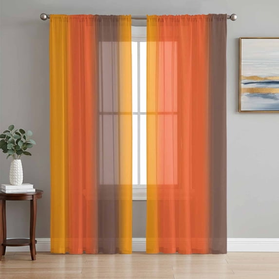 Burnt Orange Brown Ombre Sheer Curtains 63 Inch Length 2 Panels Set, Abstract Art Striped Voile Window Treatment Rod Pocket Curtains Sheers Drapes for Bedroom/Living Room/Kitchen 52x"63"x2