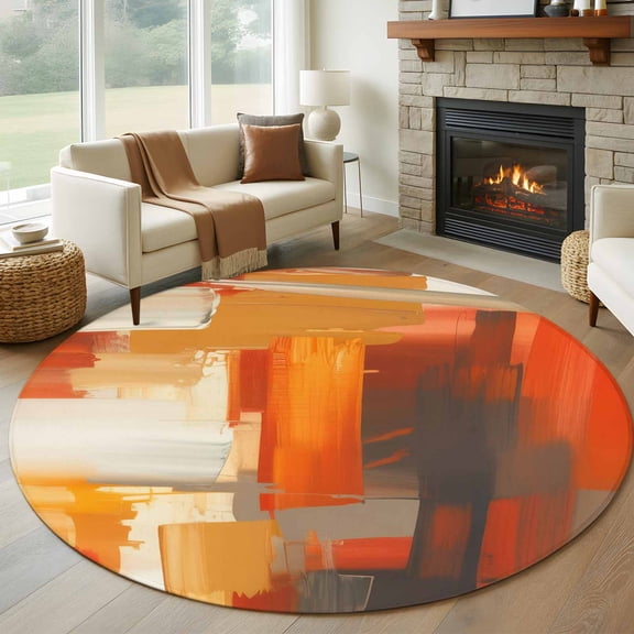 Burnt Orange Brown Round Rug 5ft Washable Circle Kitchen Rugs Non Slip Farmhouse Ombre Abstract Mottled Art Large Area Rug Indoor Floor Carpet for Bedroom Living Room Home Office Dining Room Nursery