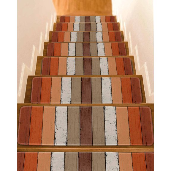 Burnt Orange Brown Stair Treads Non Slip Runners Rugs, 15 Pcs Carpet for Stairs with Adhesive, Farmhouse Vintage Wooden Stair Mats Pads Indoor Stair Treads for Wooden Steps 8"x30"