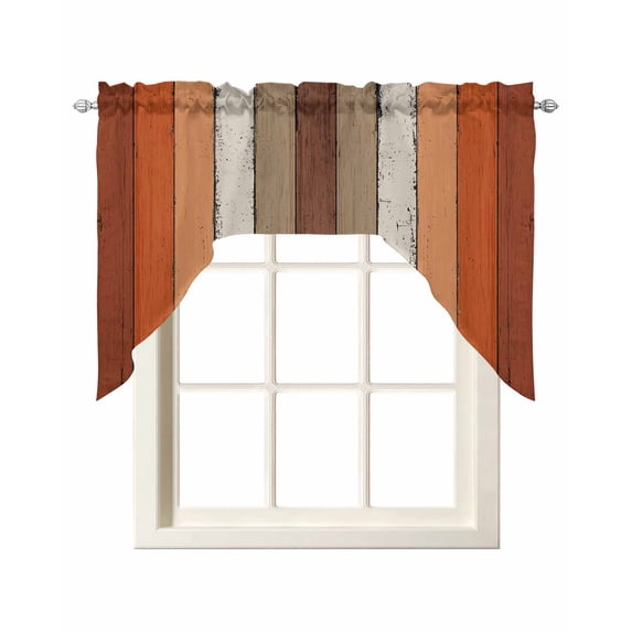 Burnt Orange Brown Swag Curtains for Kitchen Farmhouse Vintage Wooden Valances for Windows Rod Pocket Small Window Treatment Short Topper for Cafe Bedroom Bathroom Living Room Decor 56x36 Inch