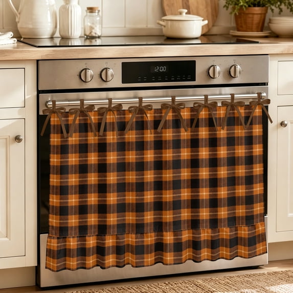 Burnt Orange Buffalo Plaid Oven Skirt for Farmhouse Kitchen Décor, Geometric Classic Checkered Oven Curtain Tie Top Decorative Stove Skirt, Cabinet Dish Washer Curtains with 8 Ribbon Ties 27"x20"