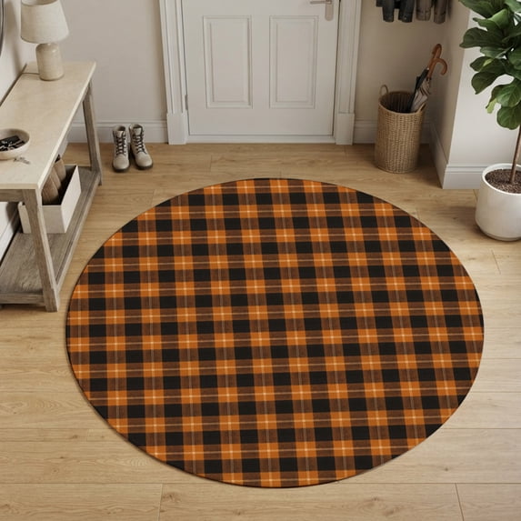 Burnt Orange Buffalo Plaid Round Area Rug 4Ft Washable Circle Rugs for Bedroom Dining Room, Geometric Classic Checkered Non-Slip Carpet Floor Mats Indoor Outdoor Carpet Runner Aesthetic Home Decor