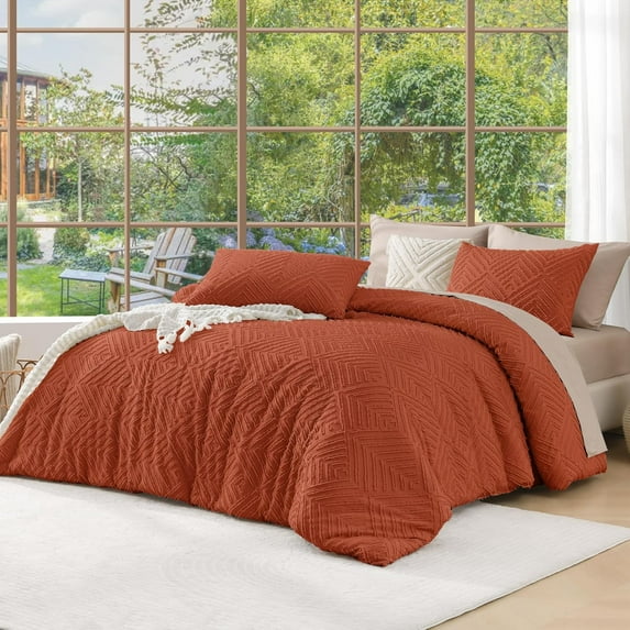 Burnt Orange California King Comforter Set, 3 Pieces Terracotta Boho Tufted Cal King Bed Comforter, Oversized Soft Lightweight Down Alternative Bedding Set (104x96In, 2 Pillowcases)