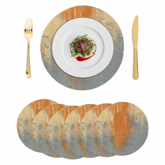 Burnt Orange Cement Gray Round 15 Inch Placemats Set of 6, Modern Abstract Art Orange HeatResistant Non Slip Place Mats for Dining Table, Wipeable Braided Kitchen Table Mats for Housewarming