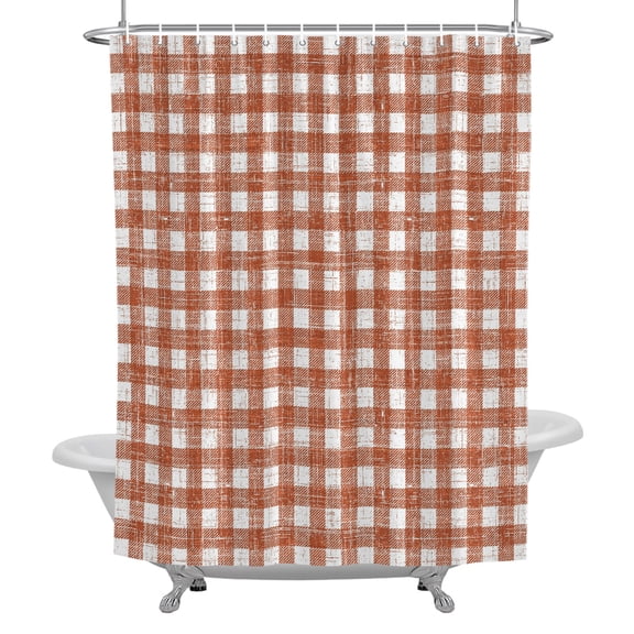 Burnt Orange Check Shower Curtain, Modern Farmhouse Linen Texture Waterproof Fabric Bathroom Shower Curtains Set with Hooks, 72 X 72 Inch Long