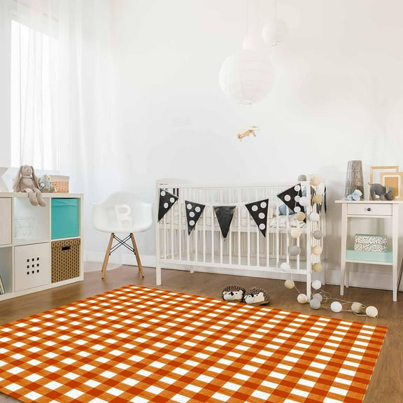 Burnt Orange Checkered Area Rugs For Living Room/Bedrooom,Area Rug Non-Slip, Farmhouse Buffalo Plaid Kids Room Area Rug Washable Accent Floor Carpet Runner Indoor Outdoor