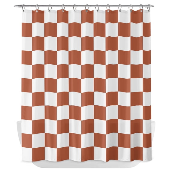 Burnt Orange Checkered Shower Curtain - Water Repellent Fabric Shower Curtains Washable, Geometric Orange Buffalo Plaid Decorative Polyester Cloth Bathroom Curtains Modern Bath Decor 72"x84"
