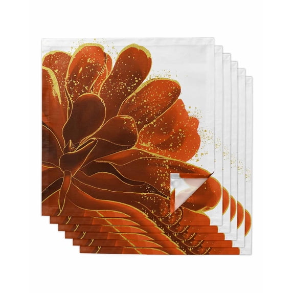 Burnt Orange Cloth Napkins Set of 6 Reusable Dinner Napkins, Sparkle Gold Stained Floral Flower Art Cocktail Napkin Washable Table Napkins for Wedding/Holiday Party/Baby Shower 20"x20"