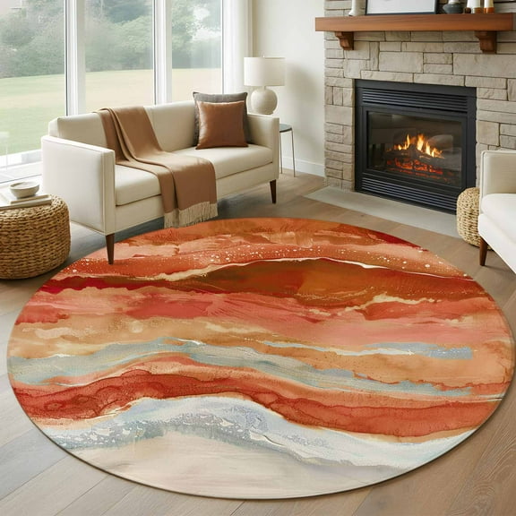 Burnt Orange Coastal Round Area Rug 5 FT, Non Slip Bedroom Area Rug, Summer Beach Nautical Abstract Art Washable Soft Circular Carpet Floor Mat for Kitchen Dining Room Foyer Balcony Dorm