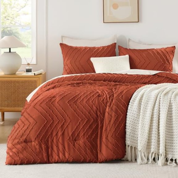 Burnt Orange Comforter for Queen Size Bed Boho Terracotta Soft Warm Bedding Comforter Sets for Queen Bed 3 Pieces Rust Chevron Tufted Aesthetic Microfiber Lightweight Comforter Set