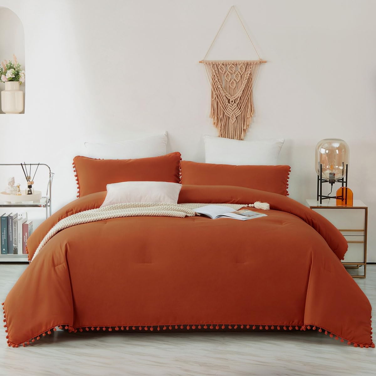 Burnt Orange Comforter Set Queen Size Terracotta Pumpkin Rust Pom Pom