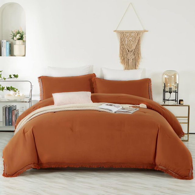 Burnt Orange Comforter Set with Tassel Breathable Soft Lightweight