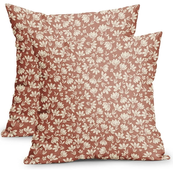 Burnt Orange and Cream Floral Pillow Covers 18x18 Inch Set of 2 Vintage Flower Outdoor Decorative Throw Pillows Small Floral Block Print Rustic Farmhouse Pillowcases for Couch Decor