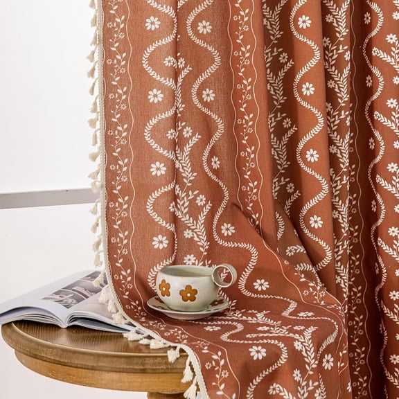 Burnt Orange Curtains 96" Long, Vintage Bohemian Pattern Floral Drapes Ceiling to Floor Length, 2 Panels
