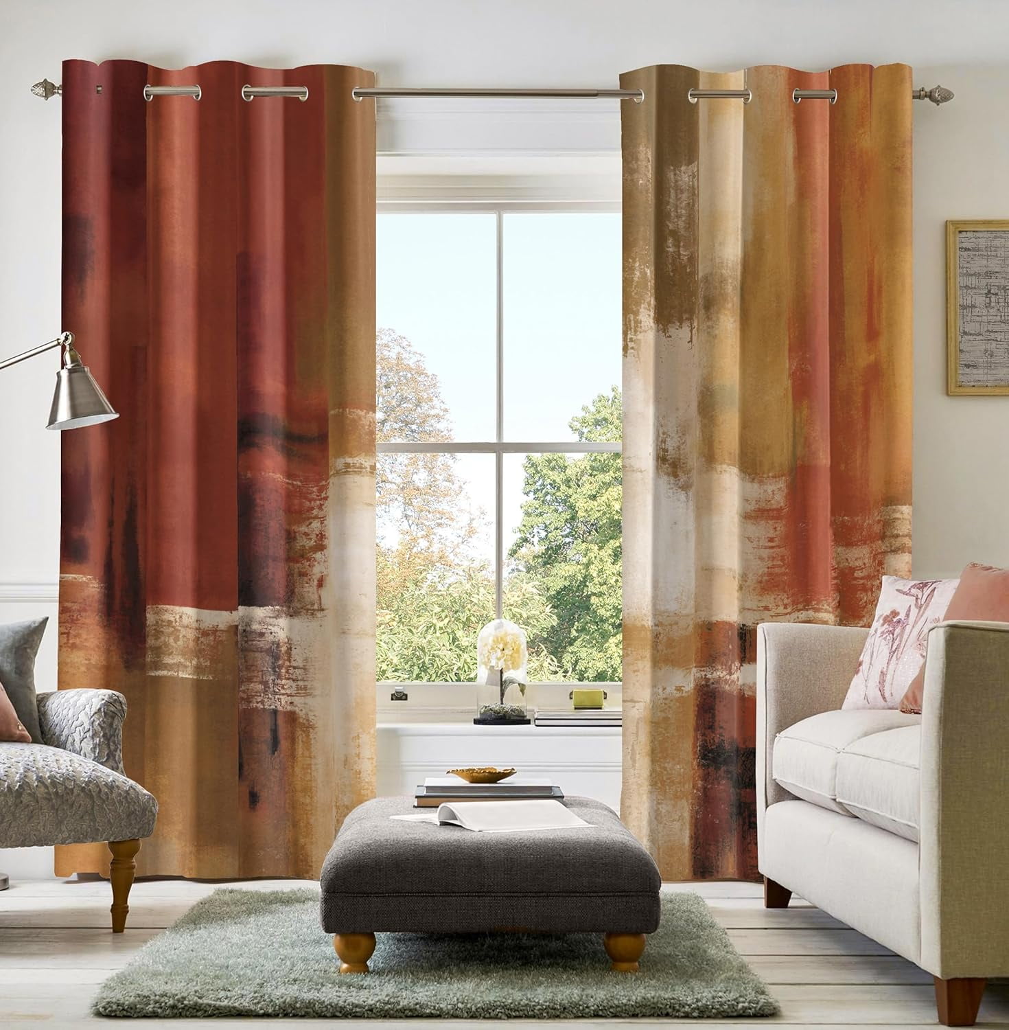 Burnt Orange Curtains Abstract Rust Curtain Room Darkening Grommet Window Treatments Modern Decorative for Bedroom Living Room 26"W x 63"L (Pack of 2)