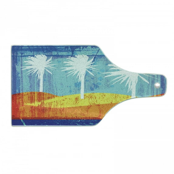 Burnt Orange Cutting Board, Contemporary Motley Stained Distressed Tropic Beach with Palms Graphic, Tempered Glass Cutting and Serving Board, Wine Bottle Shape, Orange Blue White, by Ambesonne