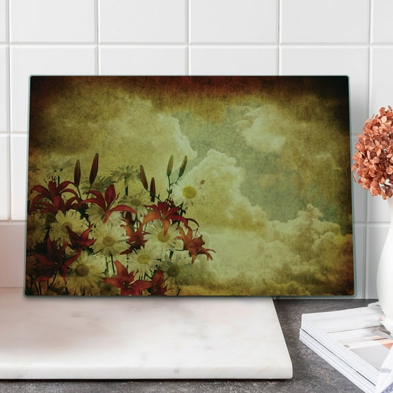 Burnt Orange Cutting Board, Double Exposure Burnt Worn Shaggy Retro Background with Flowers Clouds Design, Decorative Tempered Glass Cutting and Serving Board, Large Size, Tan Orange, by Ambesonne